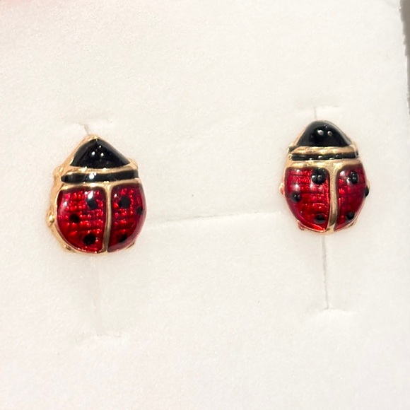 Ladybug Gold Earrings: 14K solid yellow gold red black enamel vintage - Picture 5 of 9